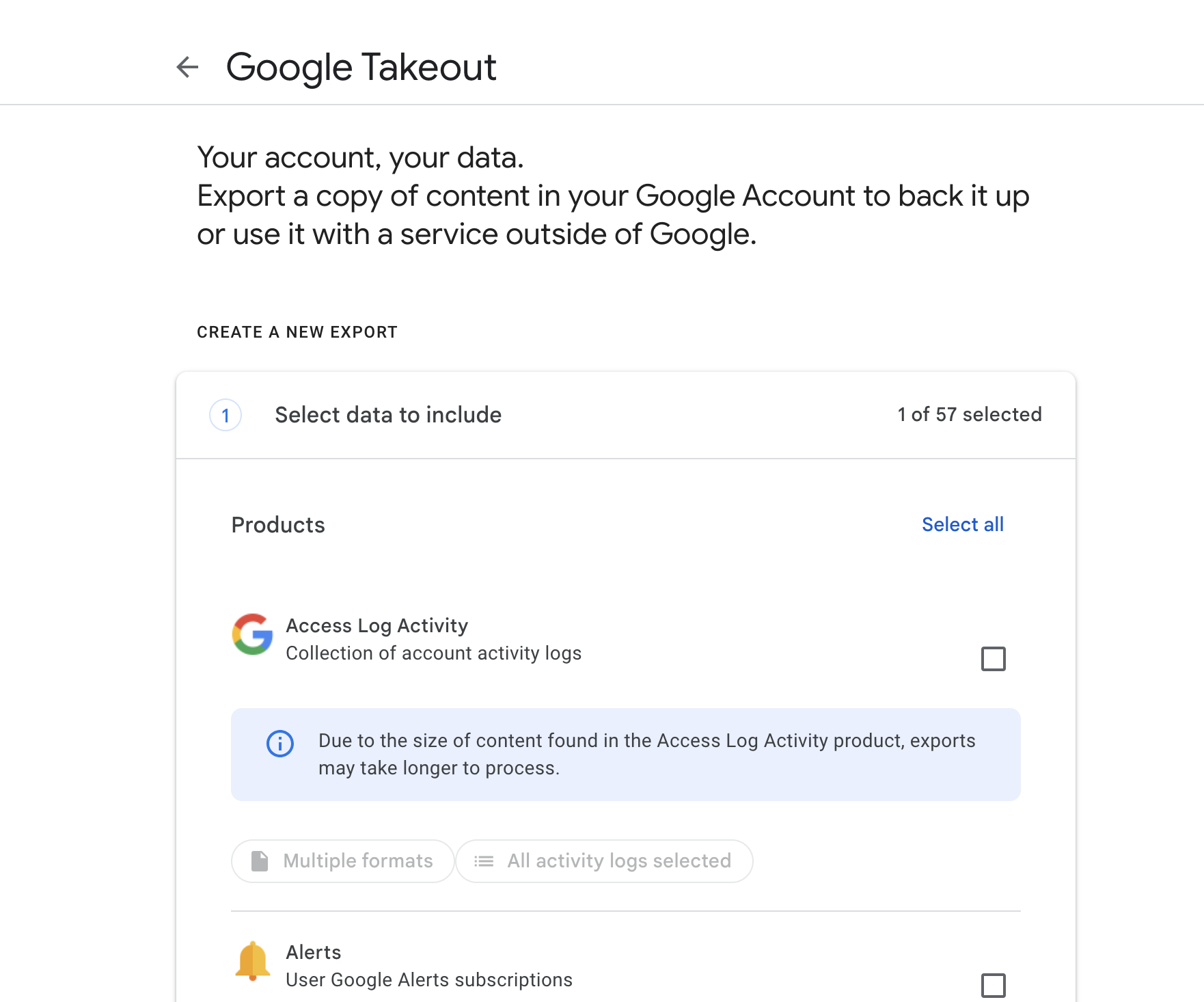 Selecting Google files to export
