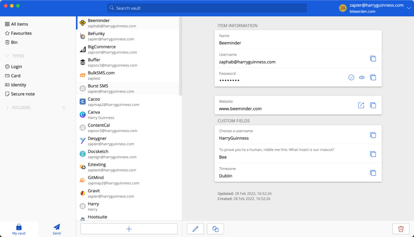 A screenshot of BitWarden, our pick for the best free password manager