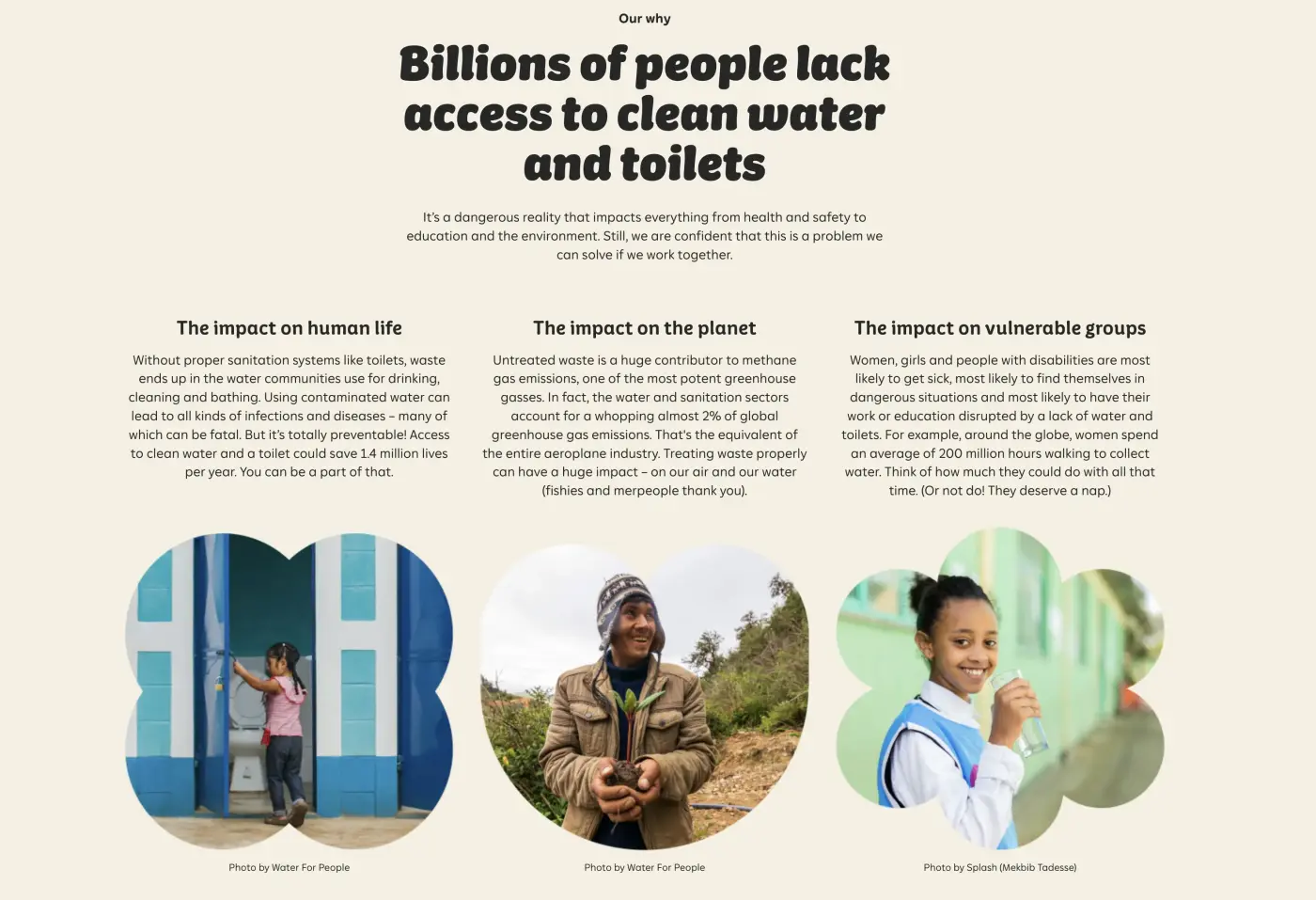 Screenshot from the Who Gives a Crap website showing how the lack access to clean water and toilets impacts people around the world