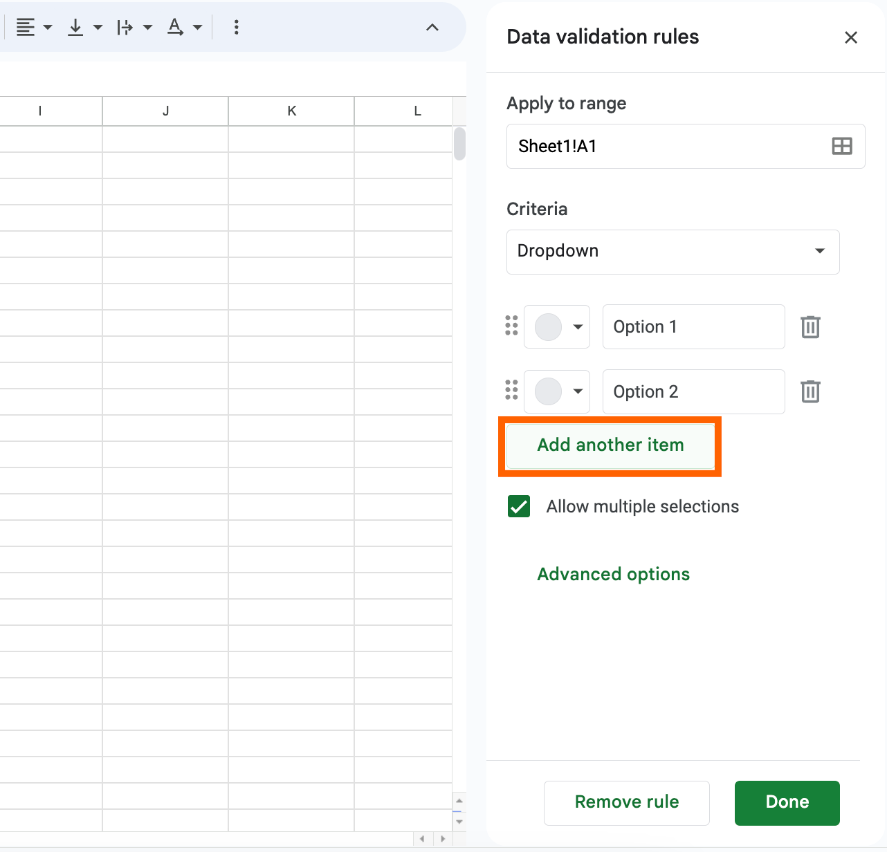 Screenshot showing how to add categories to a dropdown list in Google Sheets