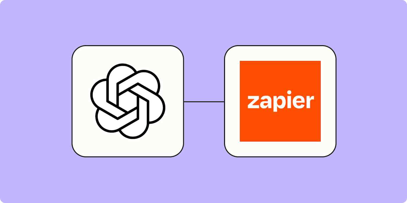 The OpenAI logo connected to the Zapier logo on a light purples background.