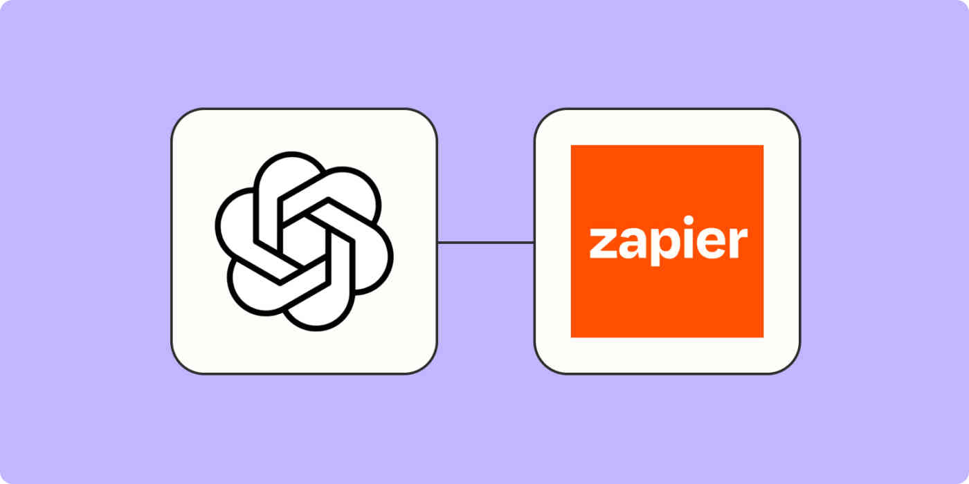 The OpenAI logo connected to the Zapier logo on a light purples background.
