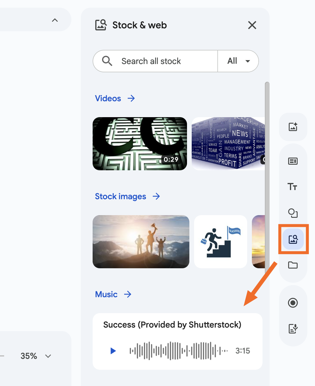 Stock and web panel in Google Vids with an arrow pointing to the music library. 