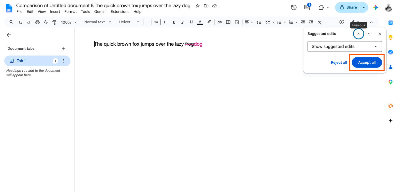 How to accept all suggested edits in a Google Docs document.