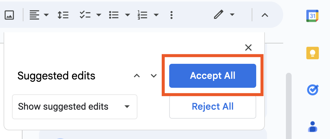 How to accept all suggested edits in a Google Docs document. 