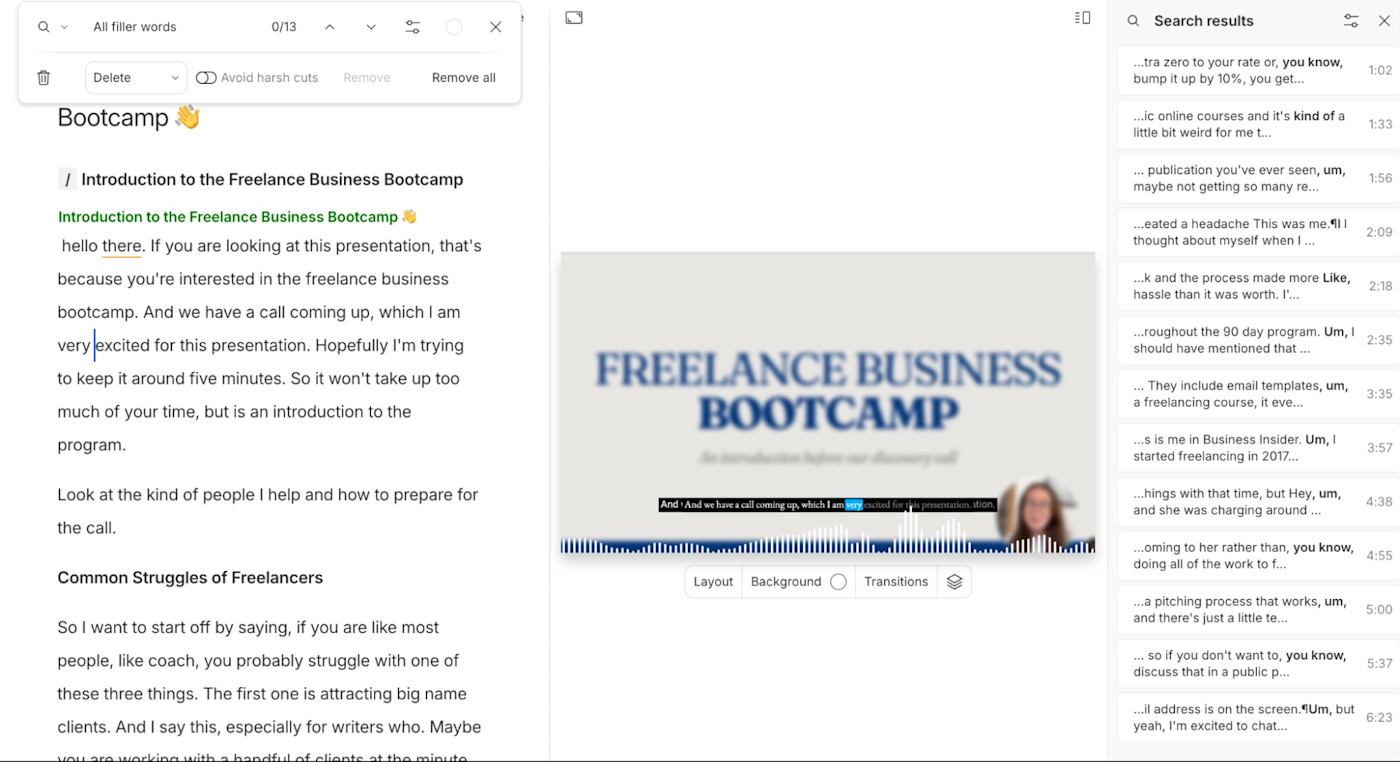 Removing filler words in Descript
