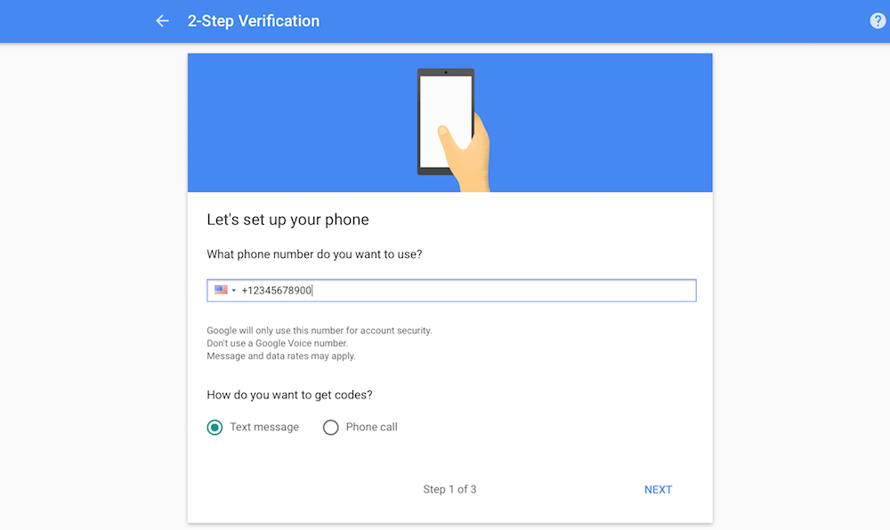 Enter phone number for Google two-factor authentication