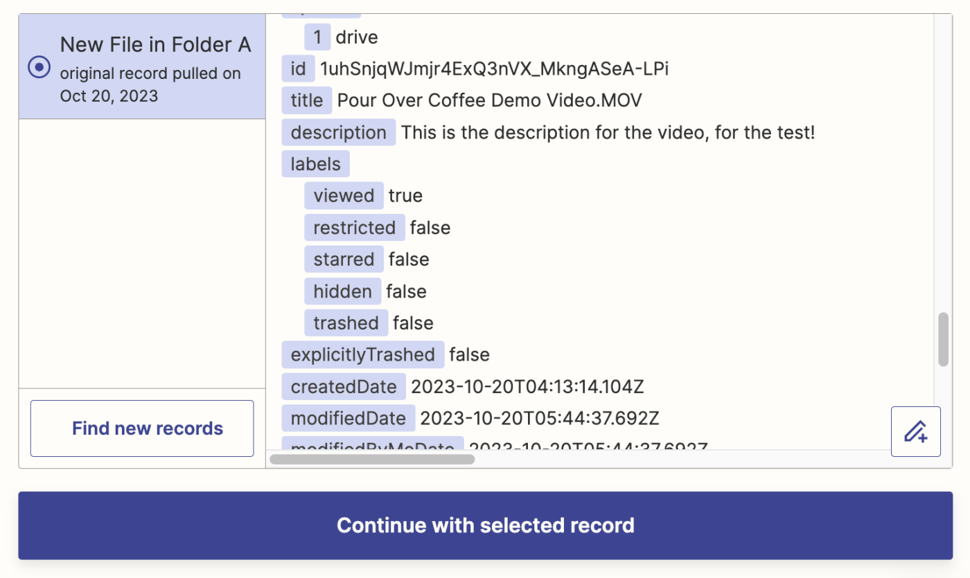 A set of test data for a Google Drive folder in the Zap editor.