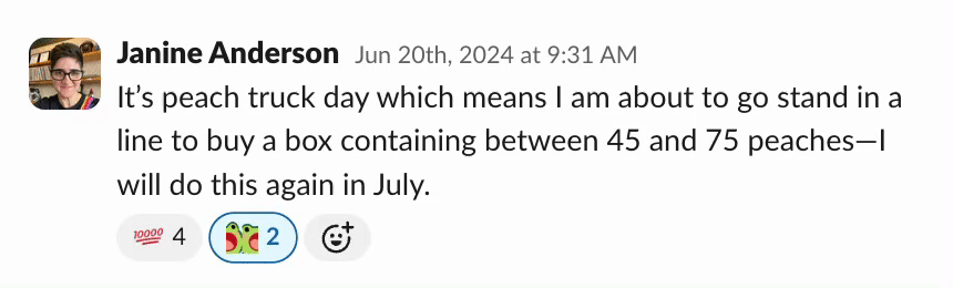 Slack message with a frog-wow custom Slack emoji reaction.