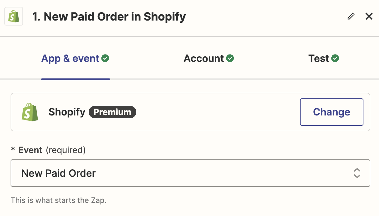 In the Zapier editor's action step, "Shopify" and "New Paid Order" are selected