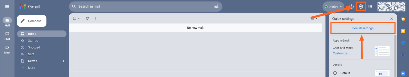 Screenshot of where to find the settings in your Gmail inbox