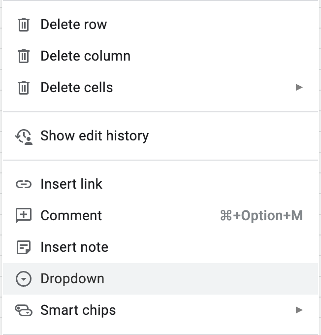 Dropdown menu when you right-click a cell in Google Sheets. 