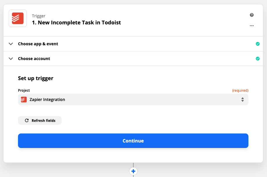 Selecting your Todoist project in Zapier