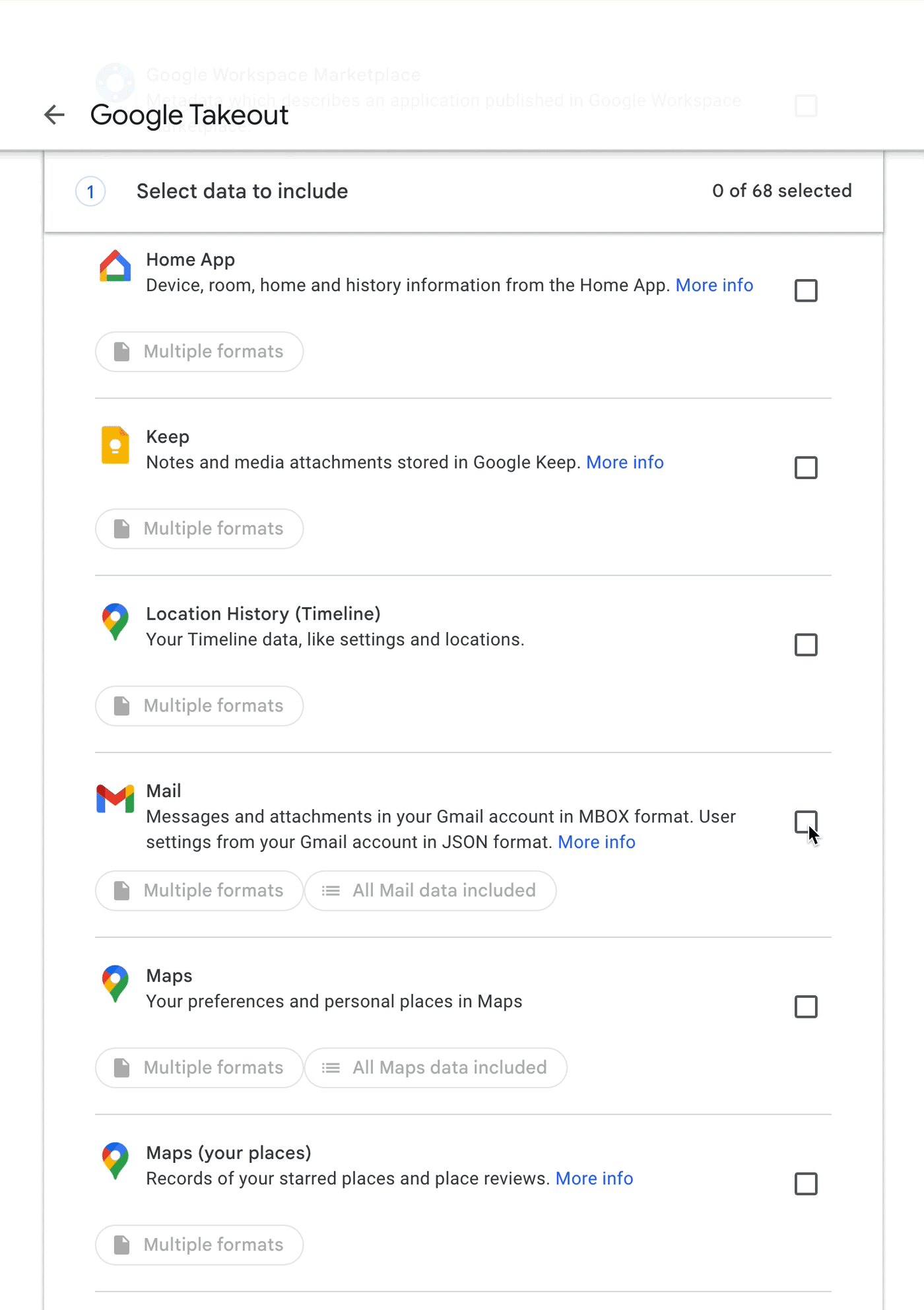 An animated gif of the Google Takeout interface showing the tickbox next to "Mail" being selected.