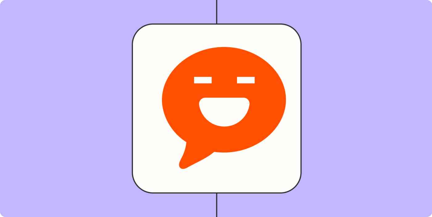 An orange speech bubble with a happy face in the middle on a light purple background.