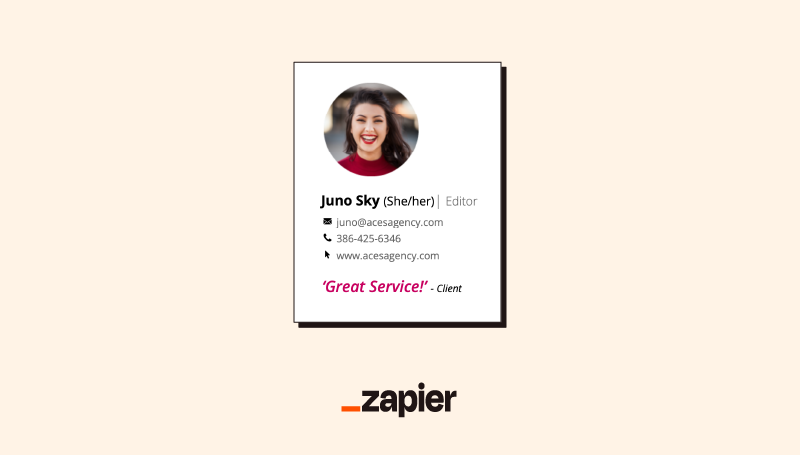 Image of a testimonial email signature example, including a headshot, the person's name, pronouns, title, email address, phone number, and website, followed by a customer testimonial