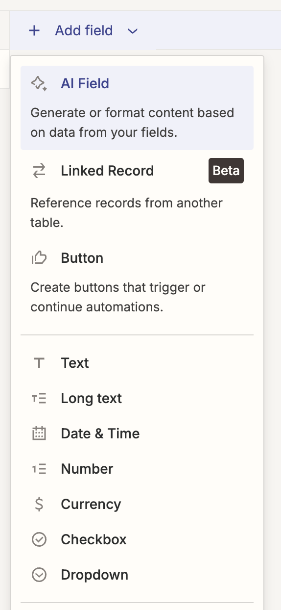 Screenshot of new fields in tables