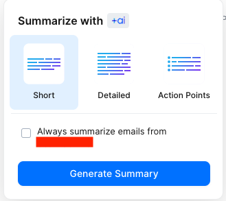 Options for how to summarize emails using Spark email AI. 