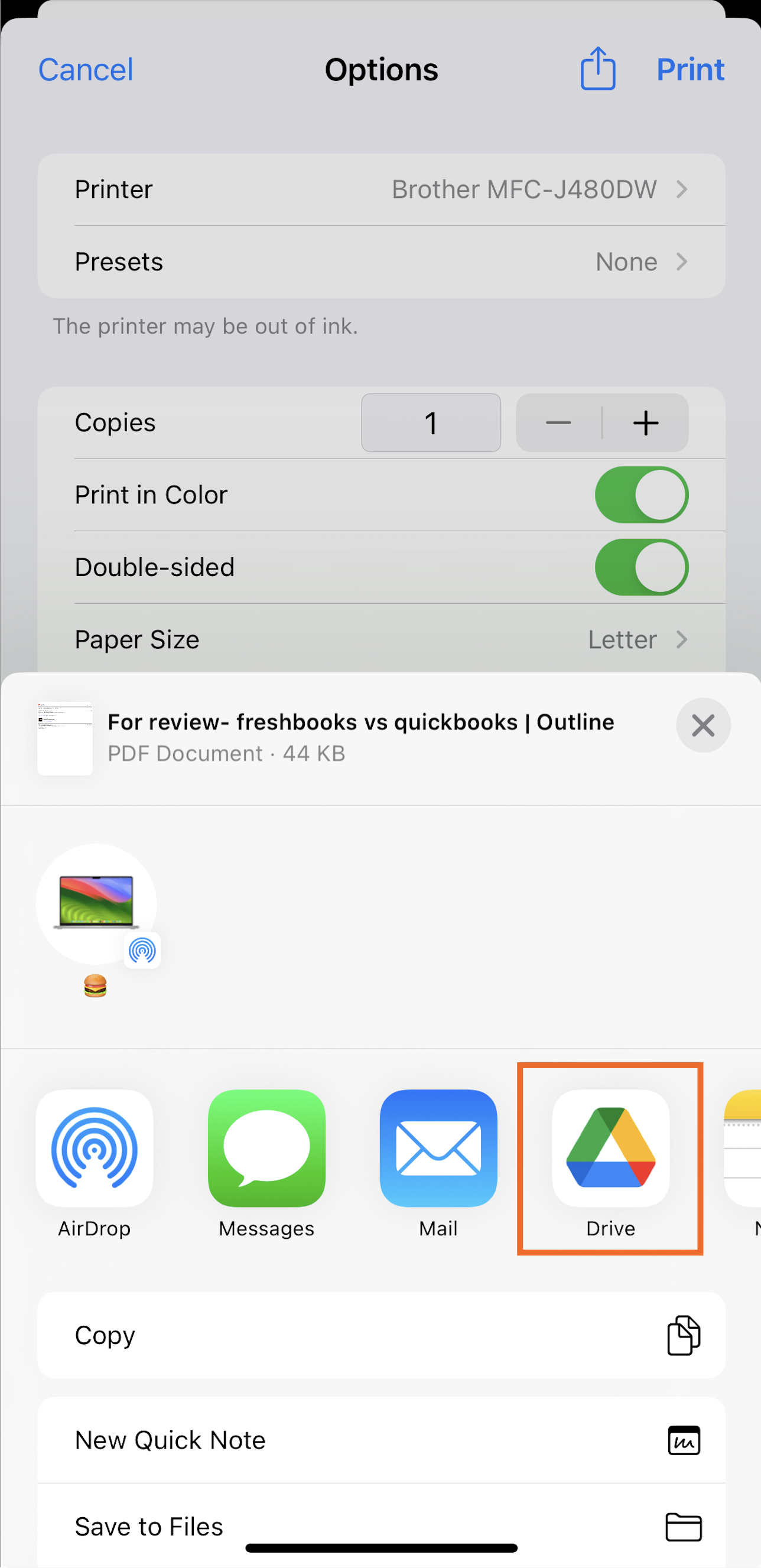 An iPhone share menu with the Google Drive icon highlighted with an orange box.