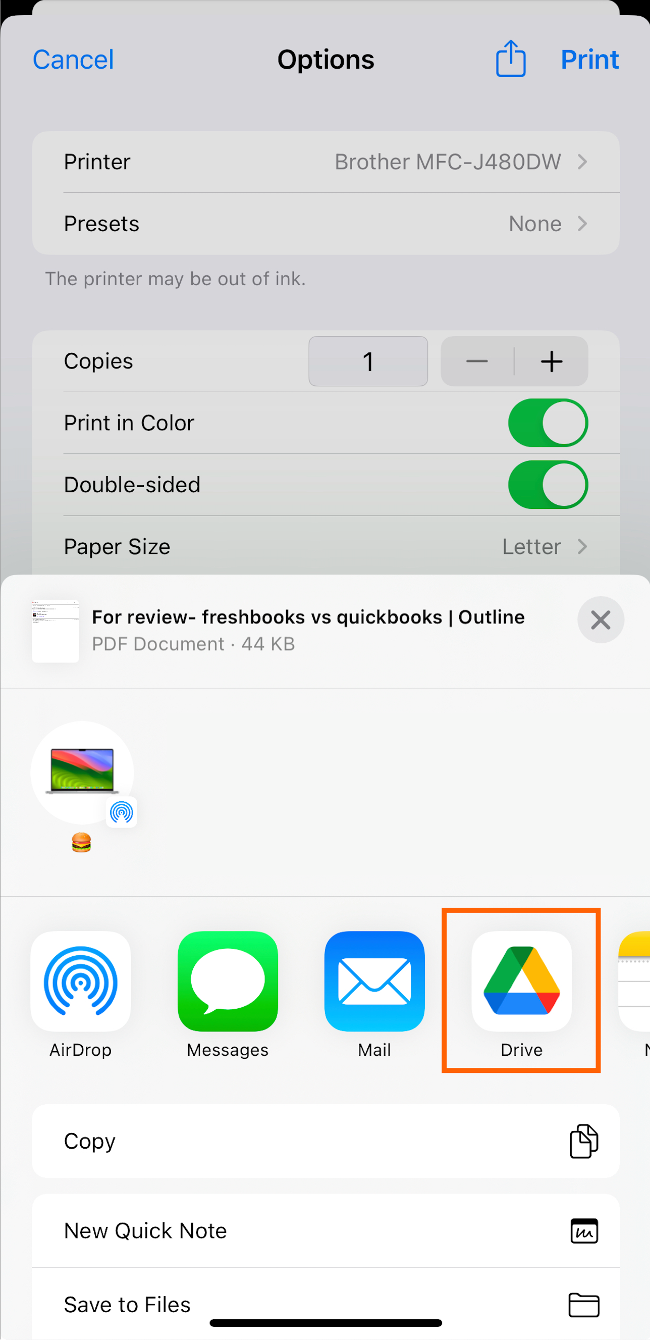 An iPhone share menu with the Google Drive icon highlighted with an orange box.