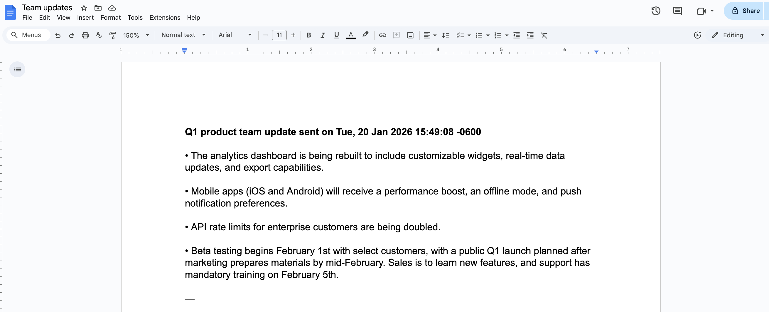 팀 업데이트 글머리 기호 목록이 포함된 Google 문서