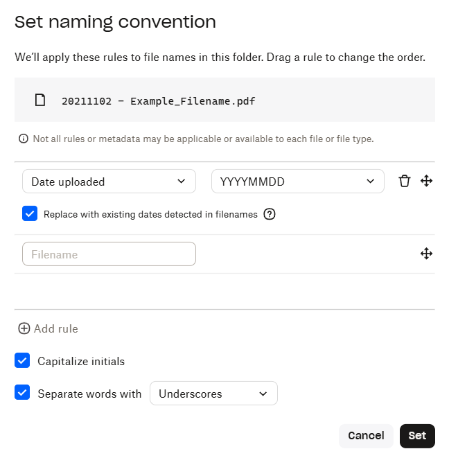 Setting naming conventions for files in Dropbox