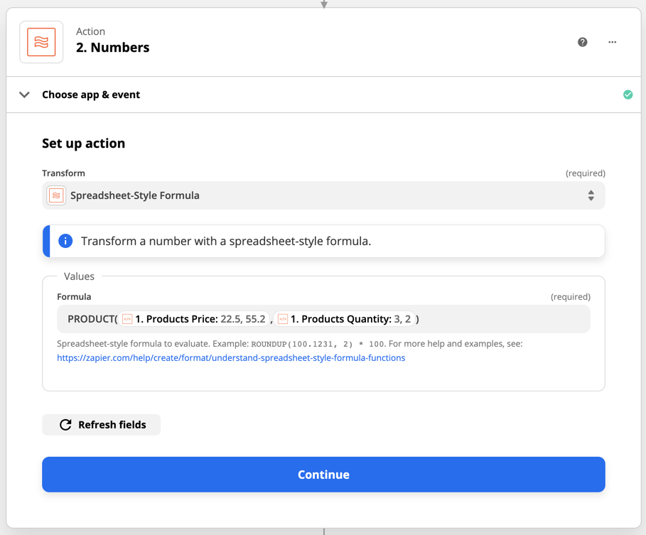 Action set-up: Transform: Transform a number with a spreadsheet-style formula: Formula