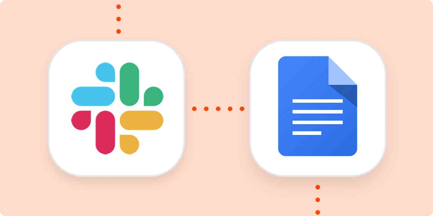 The logos for Slack and Google Docs in white squares on an orange background. The squares are connected with dotted orange lines.