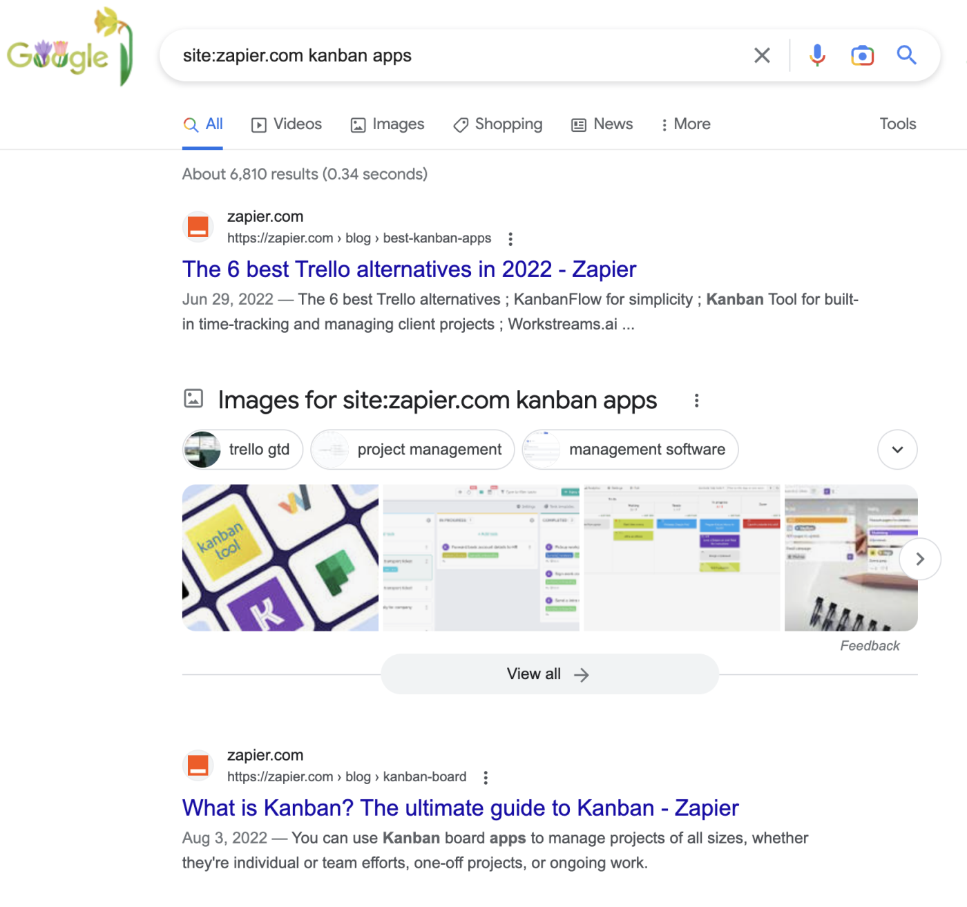 A portion of a Google Search results page with the search term site:zapier.com kanban apps in the search bar. The first two results are articles for Kanban tools by Zapier.