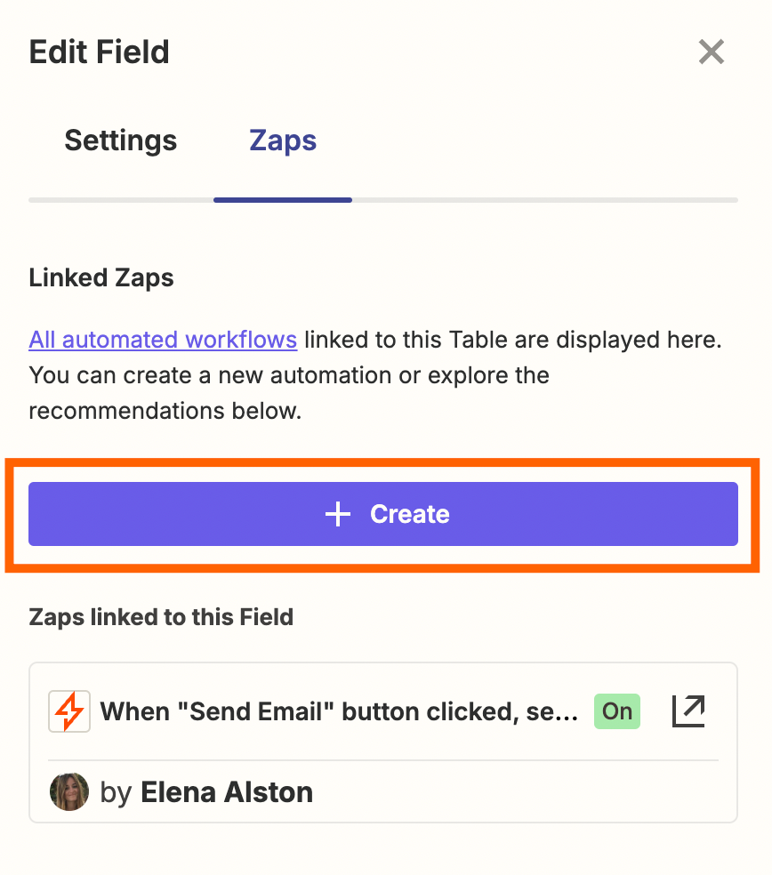 Screenshot of create button