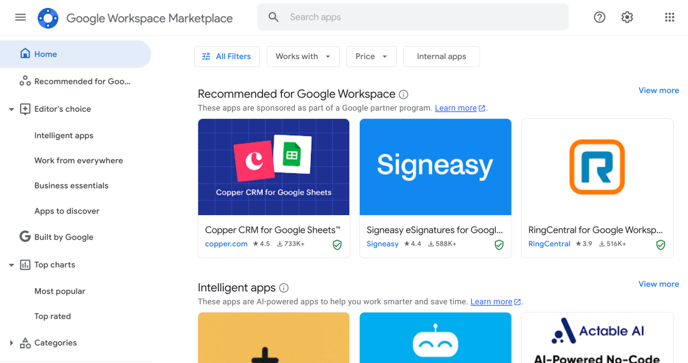 Screenshot of Google Workspace Marketplace