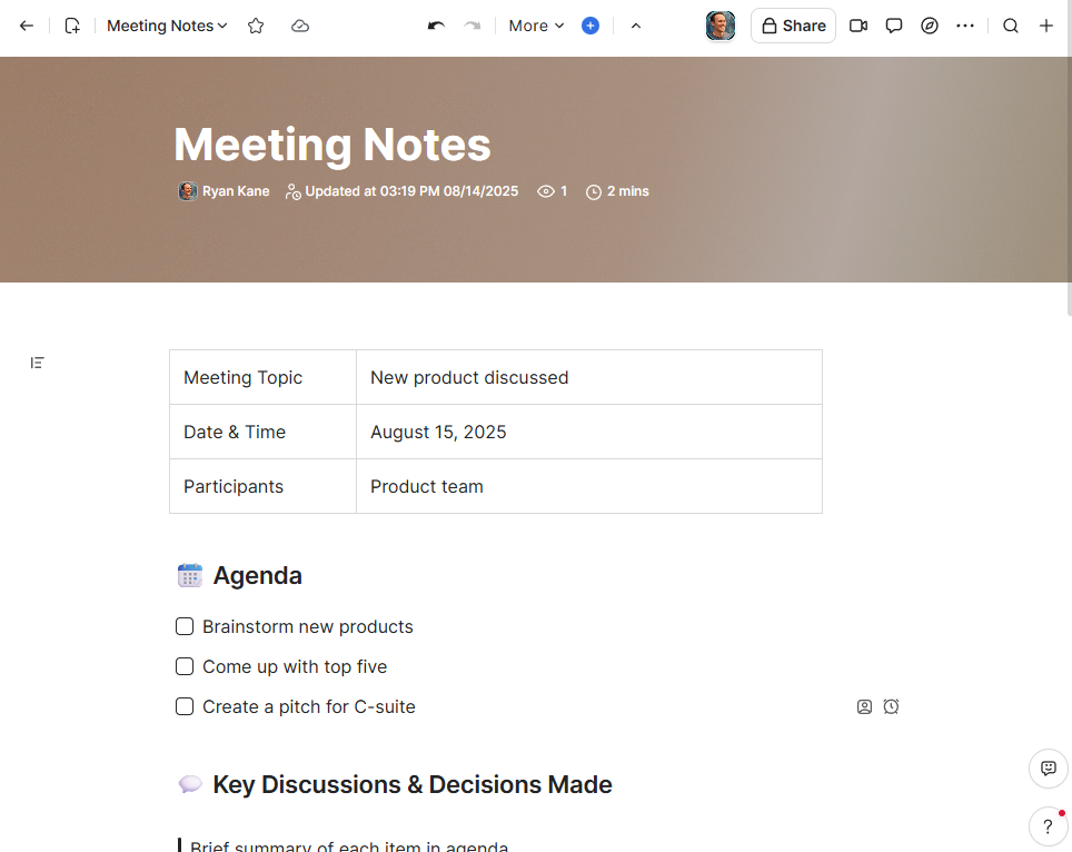 Metting notes in a Zoom doc