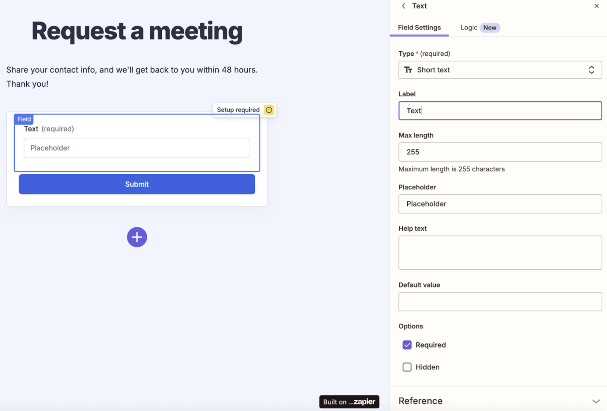 Form editor showing a text field selected, with field settings open to edit label, placeholder, and required options