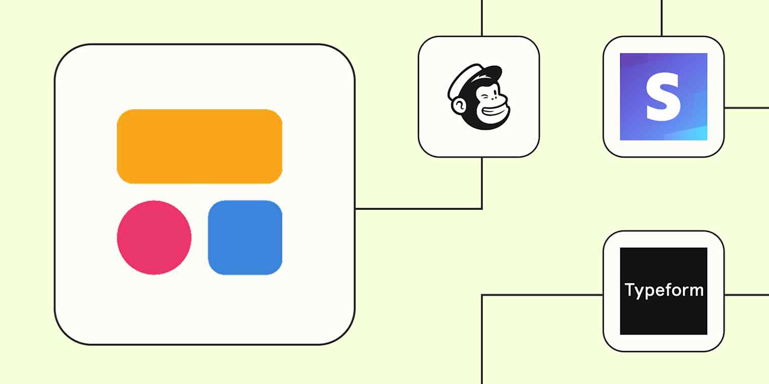 The Softr logo connected to logos for Mailchimp, Stripe, and Typeform against a lime green background.