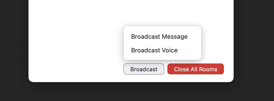 Screenshot of a breakout room panel in Zoom showing where you can click to broadcast a message to all breakout rooms