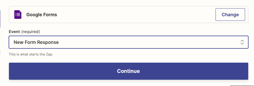 Selecting the trigger in the Zap editor. Google Forms is the trigger app and "New Form Response" is the trigger event.