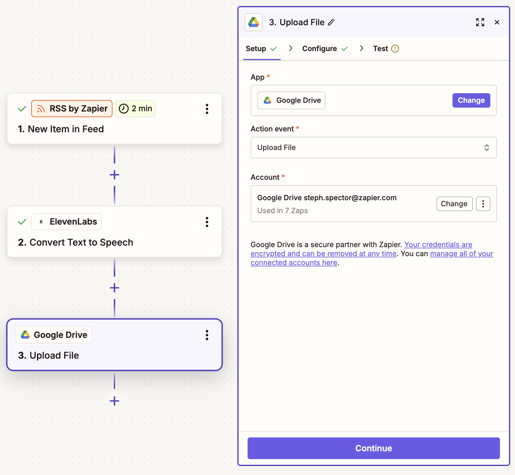 The setup for a Google Drive action step in the Zap editor