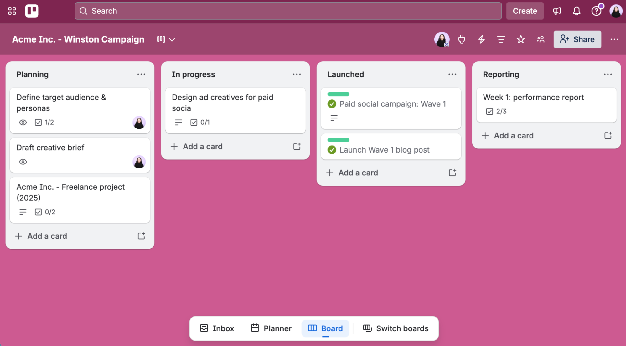 Trello board example for a campaign management tracker.