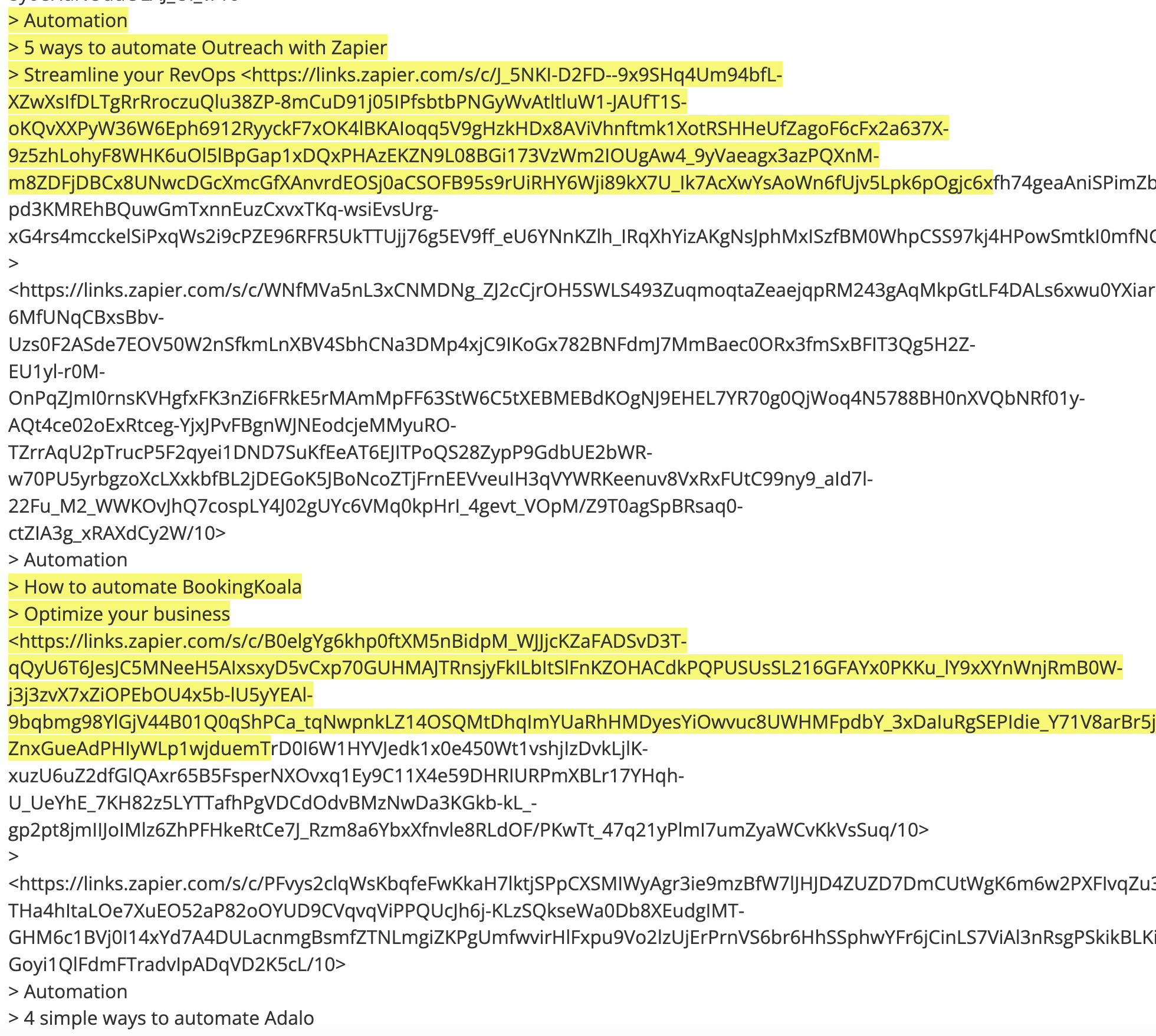 Email text with some sections highlighted in yellow by Email Parser