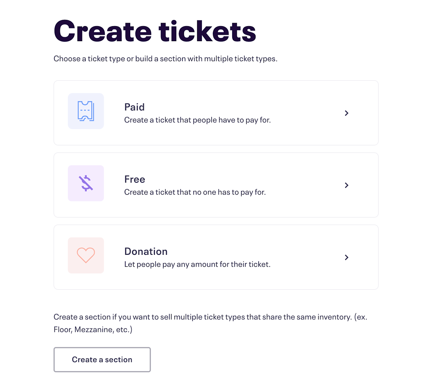 The different options for creating tickets in Eventbrite