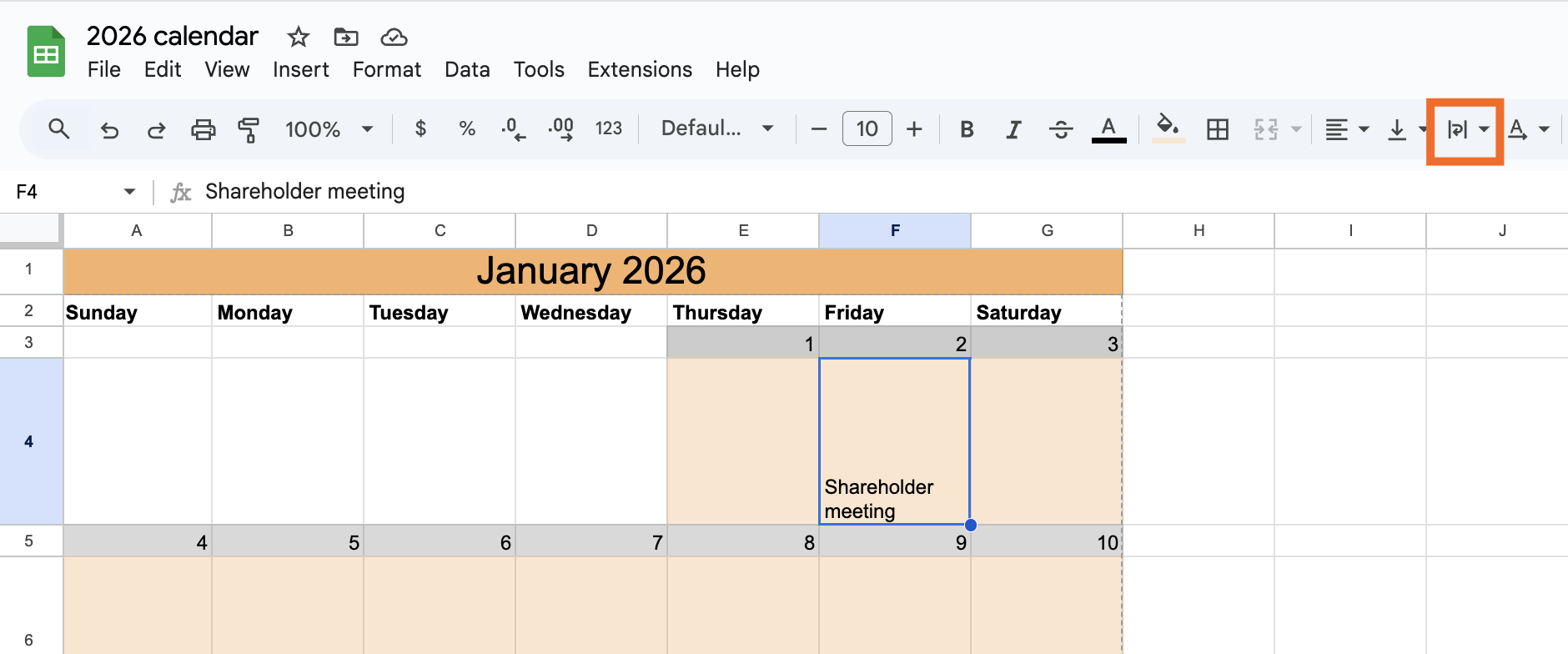 Screenshot showing how to enter events into a Google Sheets calendar.