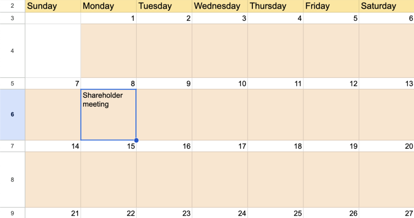 Screenshot showing how to enter events into a Google Sheets calendar.