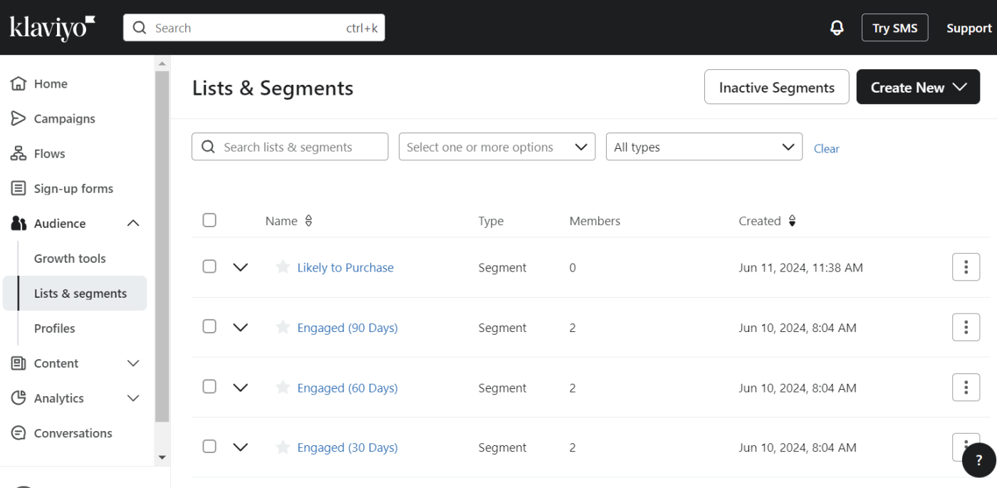 Lists and segments in Klaviyo