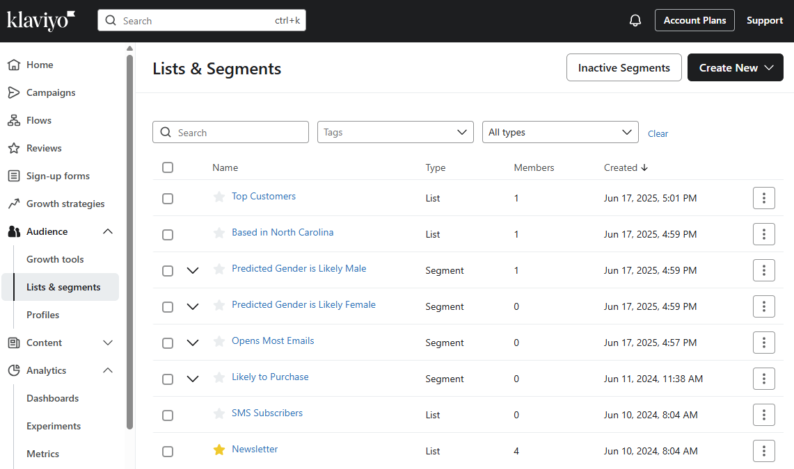 Lists and segments in Klaviyo