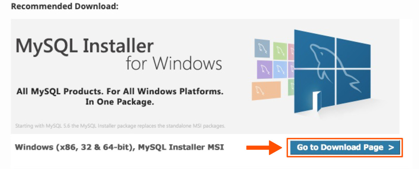 Screenshot showing how to download MySQL Community Server for Windows.