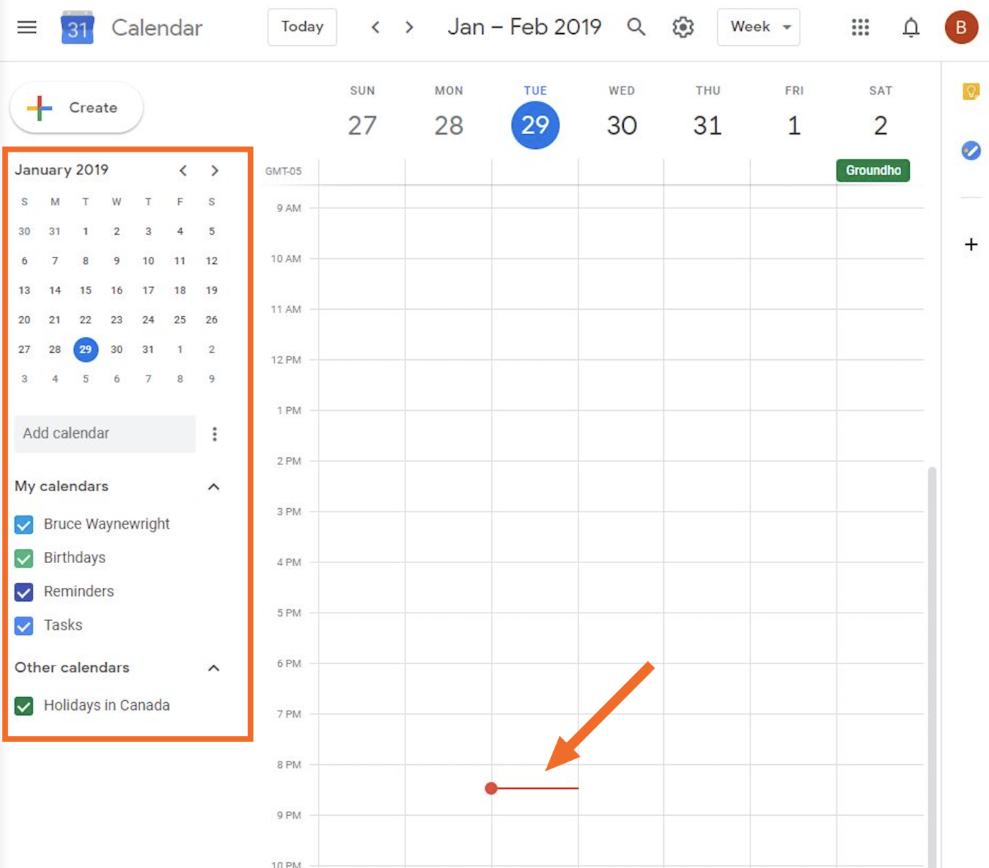 Default view of Google Calendar