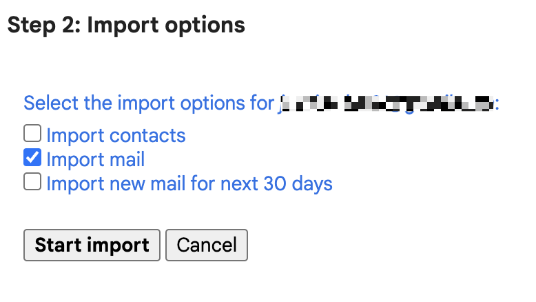 Select the Gmail import options: contacts, mail, and new mail for next 30 days. 