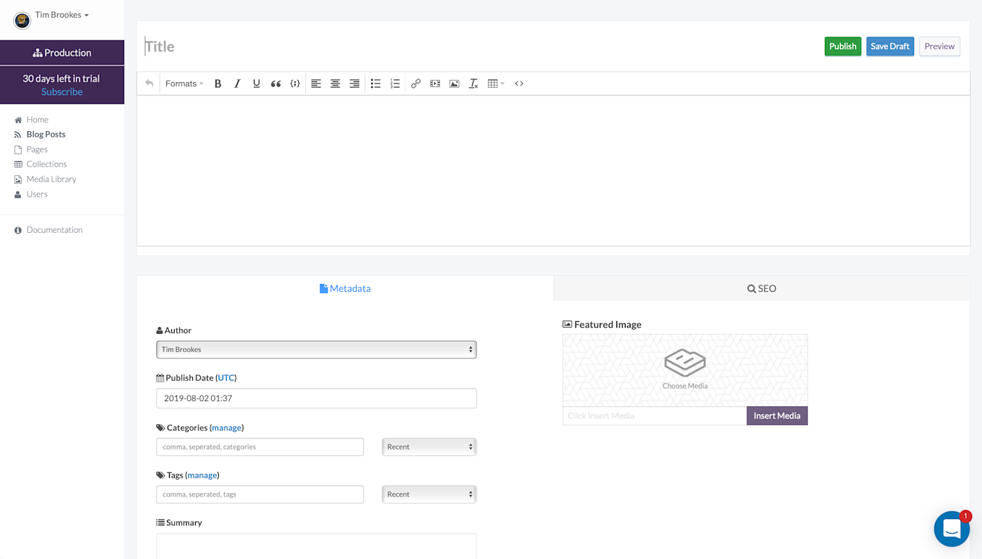 The ButterCMS post creation screen, including the window to type your post title and main body copy.