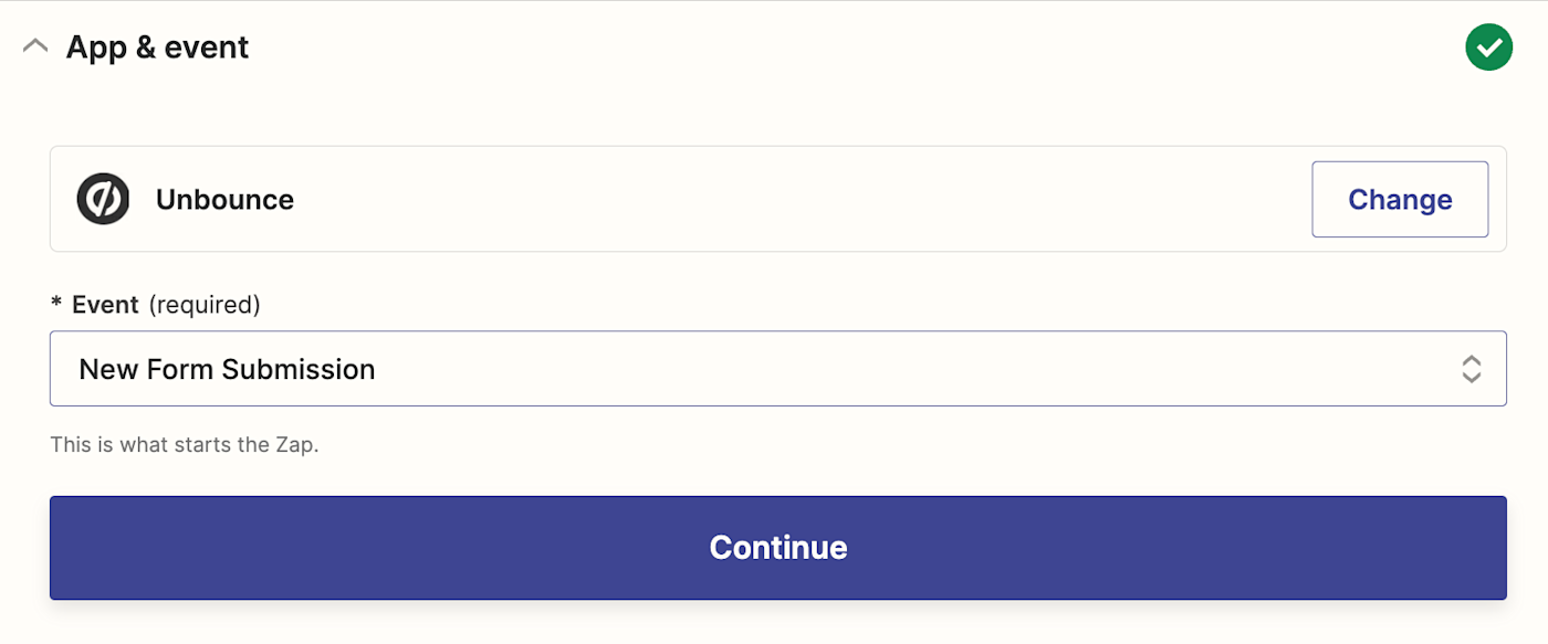 A trigger step in the Zap editor with Unbounce selected as the trigger app and New Form Submission selected for the trigger event.