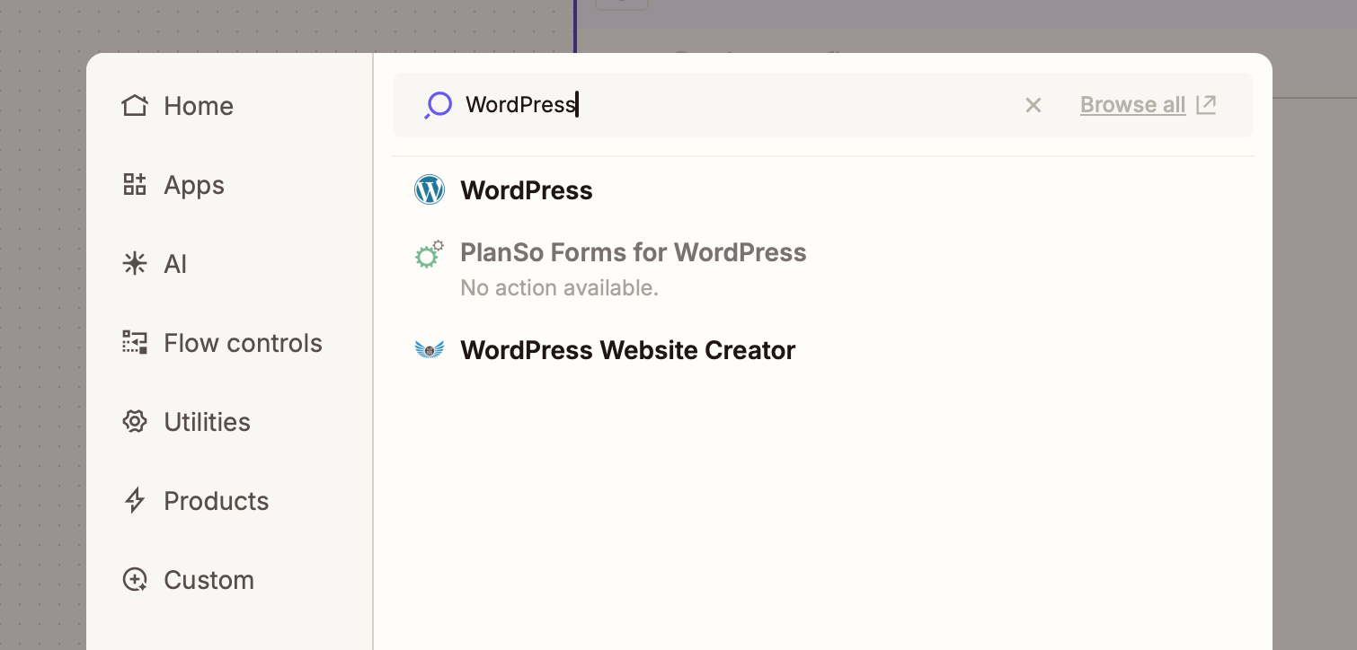 A window in the Zap editor with WordPress entered in the app search field